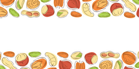 Border frame with nut, almond, cashew, peanut, walnut, hazelnut and pecan in flat style. Design for grocery store wallpaper with empty center space.のイラスト素材