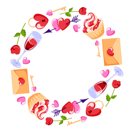 Romantic wreath with heart, rose, letter, wine glasses and cupcake arranged in a circular frame in flat style. Design for Valentines Day card and wedding invitation.のイラスト素材