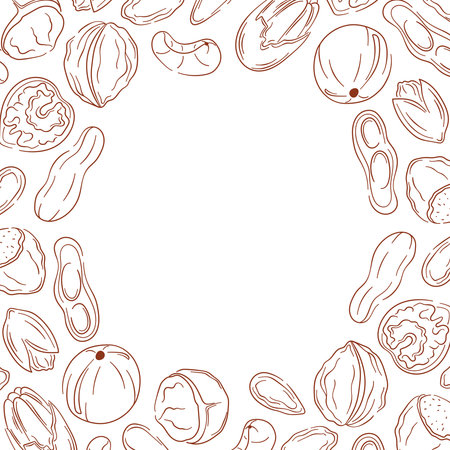 Frame with nut, almond, cashew, peanut, walnut, hazelnut and pecan in line art style. Design for grocery store showcase with empty center space.のイラスト素材