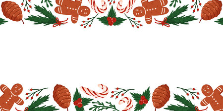 Festive border frame with of gingerbread man, candy cane, pine cone, holly berry and green branch. Christmas and winter design for seasonal bakery decoration.のイラスト素材