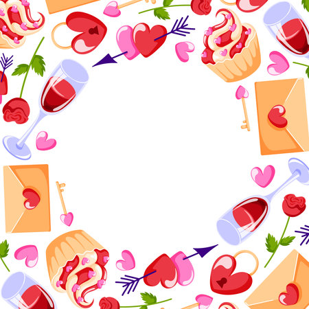 Romantic frame with heart, rose, cupcake, wine glasses and love letter on a white background in flat style. Design for festive Valentine Day border for greeting design card and weeding invitation.のイラスト素材