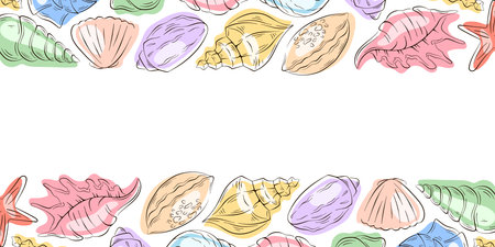 Decorative frame with seashell in flat style. Bright tropical summer marine design for seafood restaurant menu.のイラスト素材