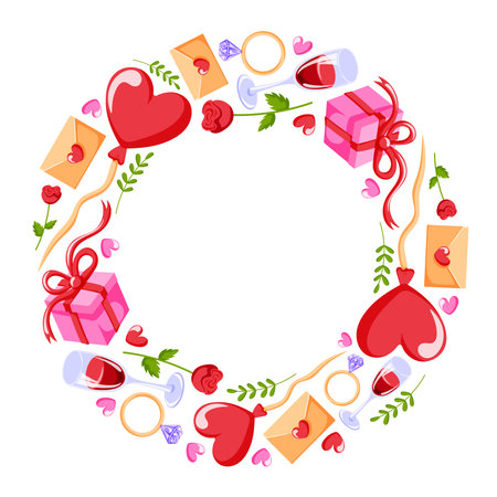 Romantic Valentine wreath with heart, rose, gift, wine glasses, ring,, and love letters on white background in flat style.のイラスト素材