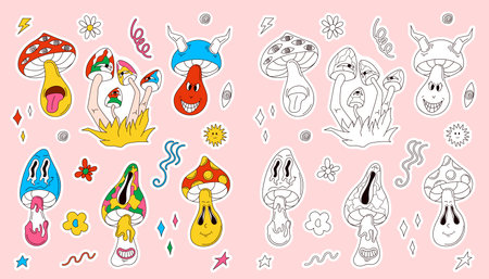 Groovy line art style psychedelic mushroom and abstract element set on pink background. Design for coloring book.のイラスト素材