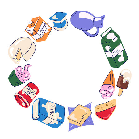 Wreath with dairy product milk, cheese, butter, yogurt, cream and ice cream in flat style.のイラスト素材
