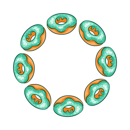 Donut wreath with turquoise frosting and sprinkles in cartoon style. Design for food apps, bakery and cafe card isolated on a white background.のイラスト素材
