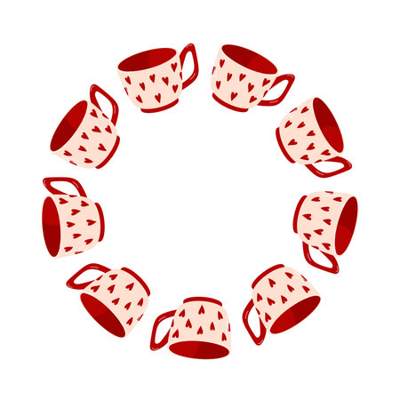 Tea or coffee cup wreath with heart for Valentines day in flat style. Ceramic crockery with cozy ornament for romantic theme isolated on a white background.のイラスト素材