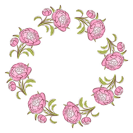 Peony spring flower wreath in a flat style. Ideal for botanical design, greeting card, textile and spring art isolated on white background.のイラスト素材