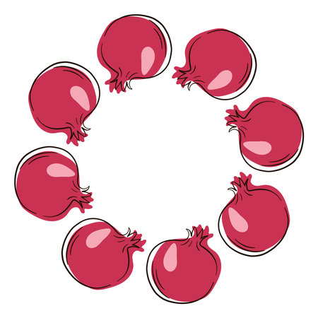 Pomegranate fruit wreath in flat style. Design for vegan card isolated on white background.のイラスト素材