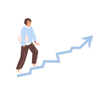 Growth strategy, career path development, training or improvement, business man climbs up on career path arrow in rising up direction. Personal growth and goal achievementのイラスト素材