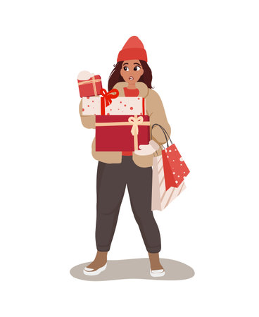 Woman holding a pile of presents in the boxes and shopping bag. New Year or Christmas celebration. Christmas sale or Secret Santa surprises conceptのイラスト素材