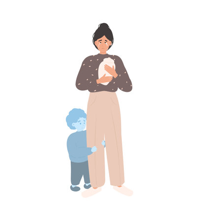 Lost, passed away child crying. Mother suffering from grief, sorrow. Woman crying holding ashes urn. Grief, sorrow, lost conceptのイラスト素材