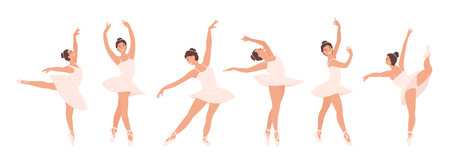 Set, collection of Ballerinas in Different, various Poses Dancing Ballet isolated on white. Cartoon Girl, Woman Classic Choreography dancer, pink tutu and Pointe shoes.のイラスト素材