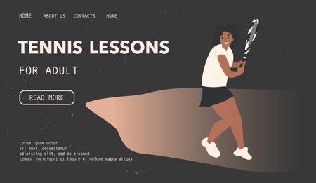 Tennis player black woman in sportsman uniform play tennis, players holding rackets. Landing page, header template,のイラスト素材