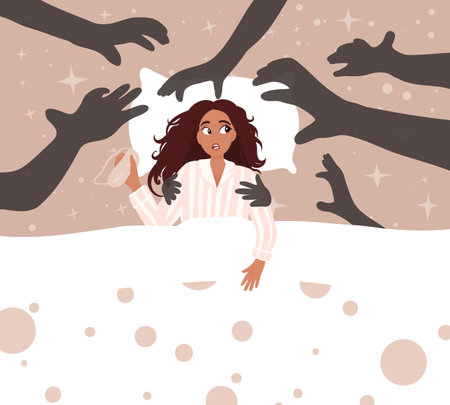 Sleep paralysis with hallucinations. Sleeping problem disorders, parasomnia. Atonia, hypnagogia moment. Nightmares, monsters. stress and psychological problems.のイラスト素材