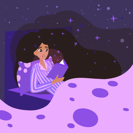 Cute woman reading before bed, concept of healthy sleeping. Sleeping problems and disorders collections. Cのイラスト素材