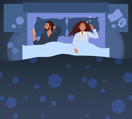 Snoring woman suffering from apnea, sleep problems and disorders. breathing disease concept. Man suffers insomniaのイラスト素材