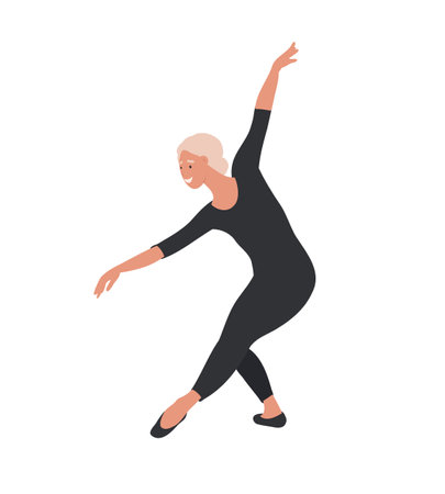 Mature, old, elder Ballerina, woman ballet dancer. Elegant ballerina in Black training suit, practicing dance. Cartoon flat vector illustration isolated on the white backgroundのイラスト素材