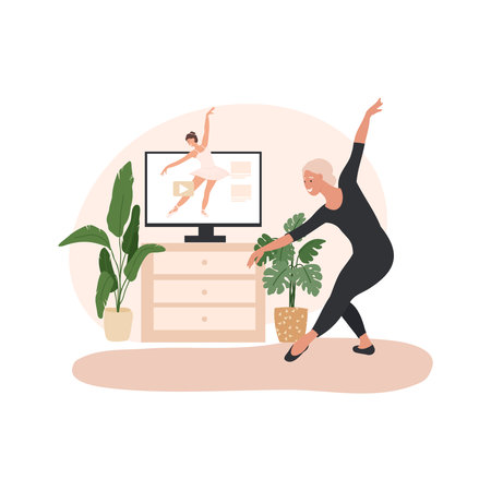 Online lessons, Dance teacher or choreographer. Dancing courses and adults. Elder woman dancing at home. vector illustrationのイラスト素材