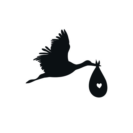 Illustration of a stork carrying a baby isolated on white background, design element for celebrating baby birthのイラスト素材