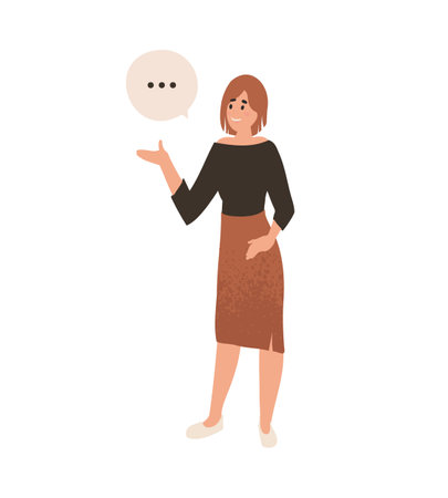 Office worker interaction, idea. Communication and talking, happy working, brainstorming, discussion, working woman concept. cartoon flat woman standing and talkingのイラスト素材