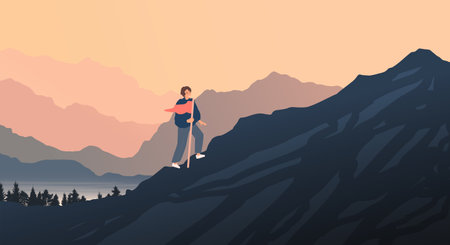 Traveler, sunset in mountains. Travel and relaxation concept. Illustration for freedom and travel...