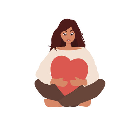 Woman sits hugs with heart. Psychological wellness, self therapy flat vector illustration. Self care, self love mental health concept.のイラスト素材