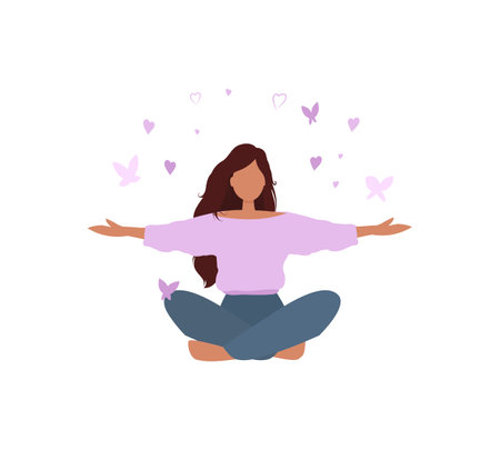 Flat vector illustration of happy woman sits in lotus pose and open her arms to love, world and butterfly. Female character enjoy life and freedom. Mental health support, psycholoのイラスト素材