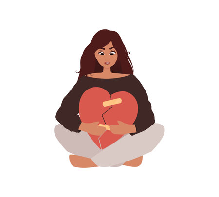 Woman sits hugs with fixed broken heart. Psychological wellness, self therapy flat vector illustration. Self care, self love mental health concept. mental health supportのイラスト素材