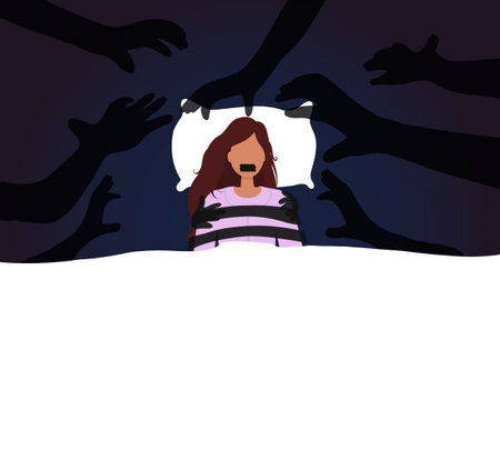 Sleep paralysis with hallucinations. Sleeping problem, parasomnia. Atonia, hypnagogia moment. Nightmares, monsters. stress and psychological problems. mental health conceptのイラスト素材