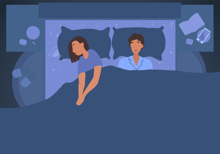 Couple sleeping cartoon flat vector illustration. Bed, man, woman, bedroom, family lifestyle, wife husband, home together sleeping couple character.のイラスト素材