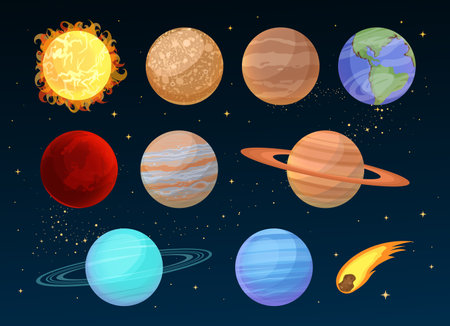 Cartoon Solar System planets collection, set. Sun, Mercury, Venus, Earth, Mars, Jupiter, Saturn, Uranus, Neptune comet icons isolated on starry sky background. Vector spaceのイラスト素材