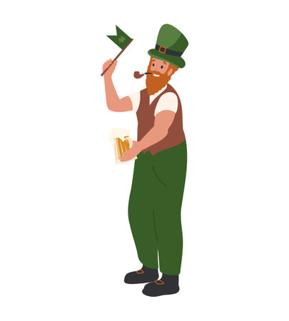 Irish Man dress like leprechaun dancing with beer in his hand. St. Patrick's Day cartoon illustration of people, characters Festive Costumes celebrating party, parade.のイラスト素材