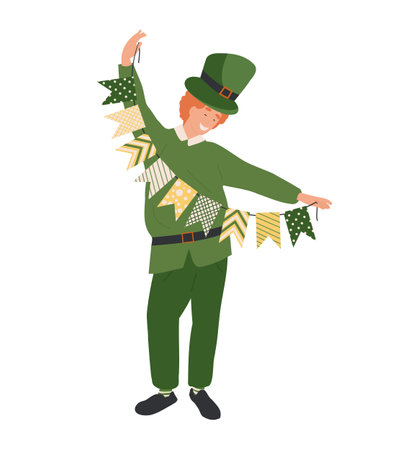 Man with garland for Saint Patrick's Day party, cartoon illustration of people, characters Festive Costumes celebrating party, parade.のイラスト素材