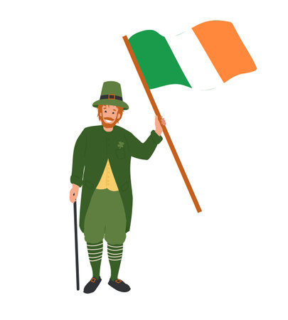 Man dress like leprechaun with flag of Ireland in his hand. St. Patrick's Day cartoon illustration of people, characters Festive Costumes celebrating party, parade.のイラスト素材