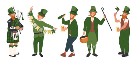 Bagpiper, collection of Irish man dressed like leprechaun, celebrating Saint Patrick's Day parade, cartoon illustration of people, characters in Festive Costumes.のイラスト素材