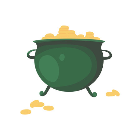Pot with gold coins, leprechaun cauldron isolated on white background. St. Patrick's day element. Cartoon flat vector illustration for greeting cart, banner, flyer, web pagesのイラスト素材