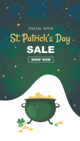 St. Patrick's Day sale banner. Cauldron with gold coins and clover leaves. cartoon vector illustration.のイラスト素材