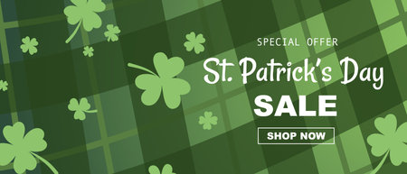 St. Patrick's Day Sale tartan plaid background. Scottish ornament in green and dark green cage. Scottish cage sale banner, template with green Cloverleaf, shamrocksのイラスト素材