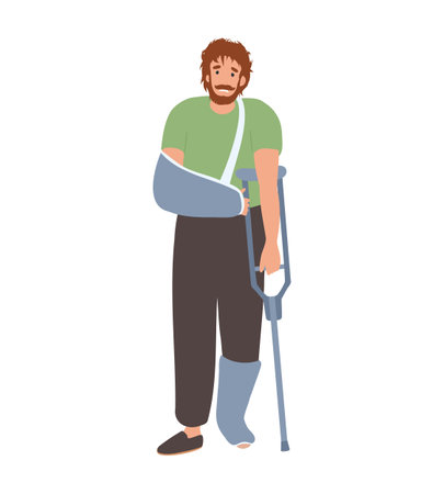Man with crutches and plastered foot, hand broken Leg, arm Sad patient with foot injury during recovery. Bandaged injury conceptのイラスト素材