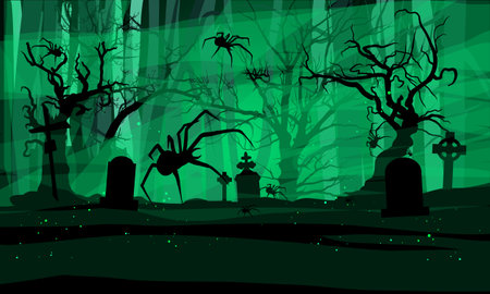 Cemetery, Spiders Green halloween backgroundのイラスト素材