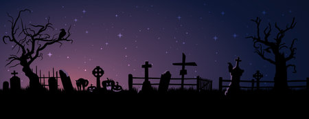 Black cemetery silhouette, tombstones, flying batsのイラスト素材