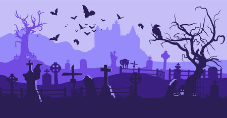 Purple Cemetery halloween background bannerのイラスト素材
