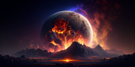End of the World, Global Catastrophes background. Unknown Planet Fantastic Worlds. Generative AIの素材