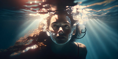 Underwater Girl, woman Diving, Snorkeling, and Freediving concept. Generative Aiの素材