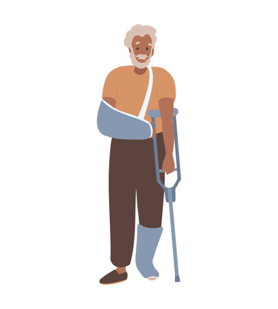 Old black Man with crutches and plastered footのイラスト素材