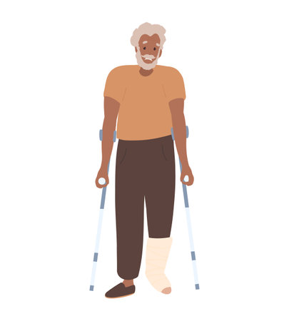 Old black Man with crutches and plastered footのイラスト素材