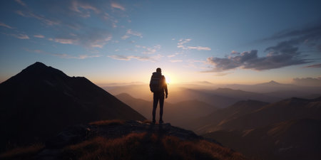 Silhouette of Man climbing up mountains or cliffs, hiking, freedom and travel concept. Sunset. Generative AIの素材