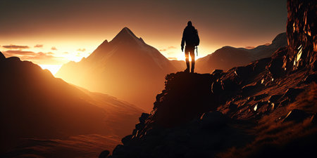 Silhouette of Man climbing up mountains or cliffs, hiking, freedom and travel concept. Sunset. Generative AIの素材