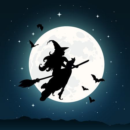 Witch flying on a broom against full moonの写真素材